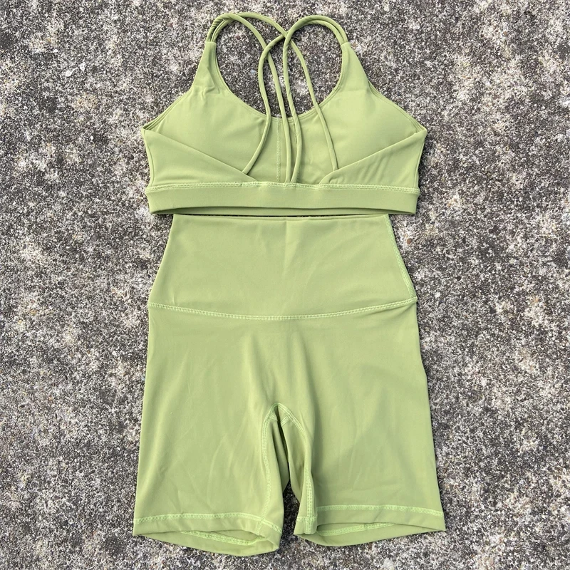 Solid Color Soft Women Gym Yoga Short Cycling Set Cross Back Gym Bra+High Waist Short Leggings High impact shockproof Sportwear