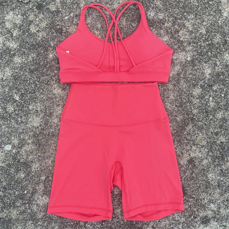 Solid Color Soft Women Gym Yoga Short Cycling Set Cross Back Gym Bra+High Waist Short Leggings High impact shockproof Sportwear