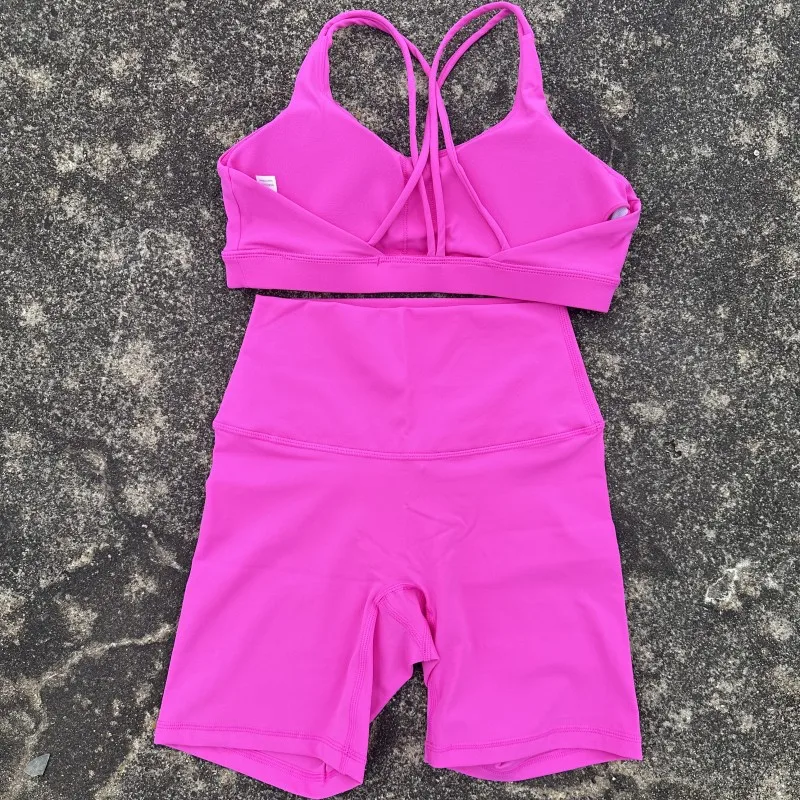 Solid Color Soft Women Gym Yoga Short Cycling Set Cross Back Gym Bra+High Waist Short Leggings High impact shockproof Sportwear