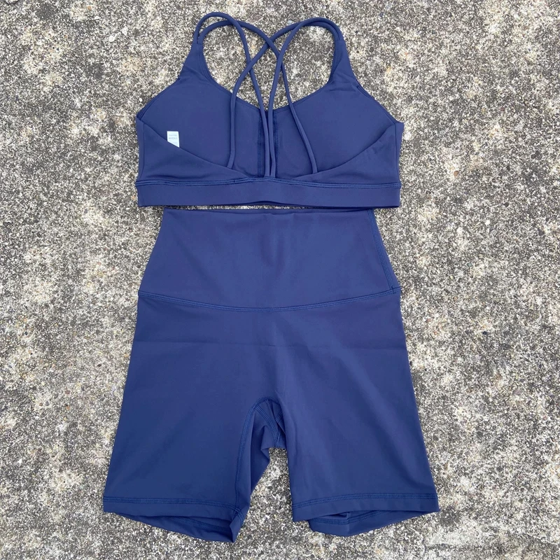 Solid Color Soft Women Gym Yoga Short Cycling Set Cross Back Gym Bra+High Waist Short Leggings High impact shockproof Sportwear