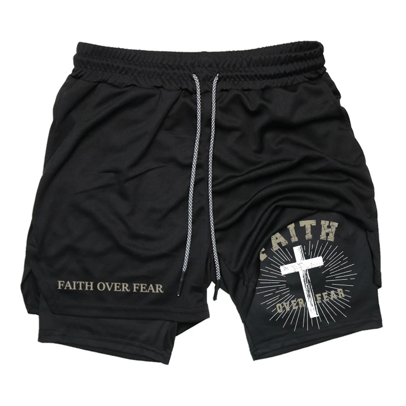 Print 2 in 1 Running Workout Shorts for Men Christian Gym Athletic Performance Shorts with Phone Pocket Towel Loop Activewear
