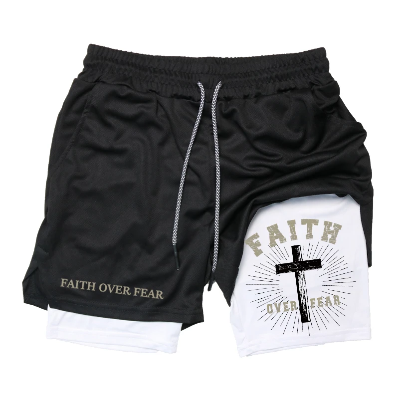 Print 2 in 1 Running Workout Shorts for Men Christian Gym Athletic Performance Shorts with Phone Pocket Towel Loop Activewear
