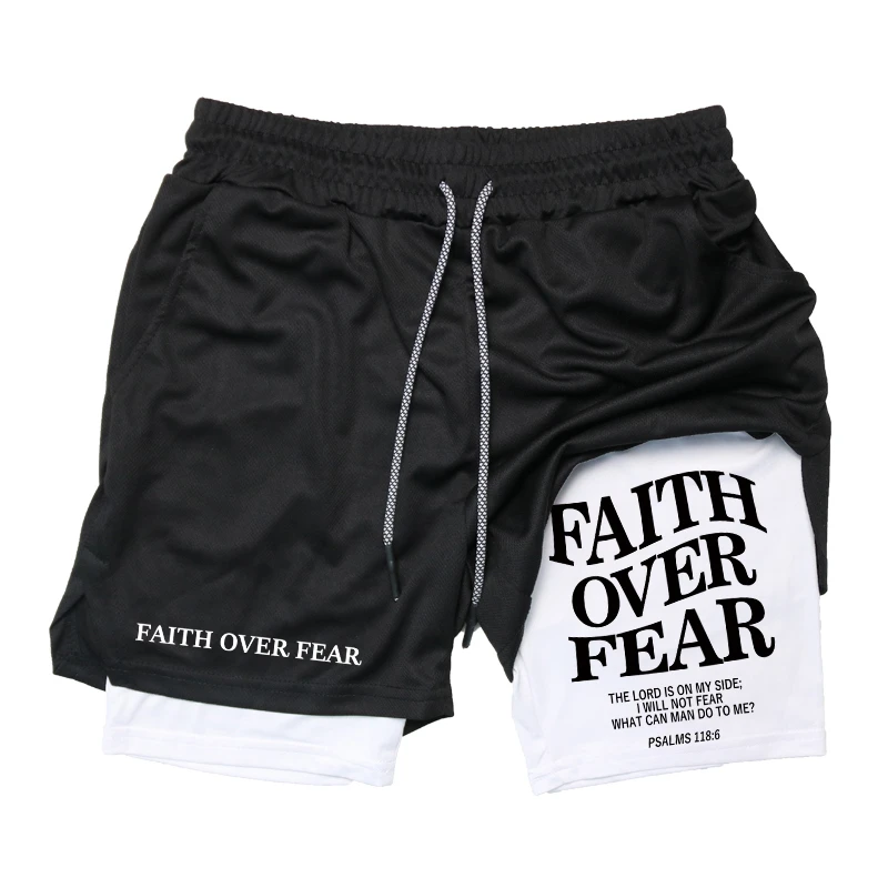 Print 2 in 1 Running Workout Shorts for Men Christian Gym Athletic Performance Shorts with Phone Pocket Towel Loop Activewear
