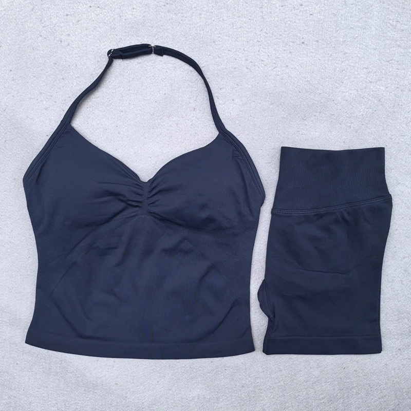 2 Pieces Yoga Set Women Backless Halter Tops High Waist Seamless Shorts Gym Suit Fitness Clothes Sportswear Workout Sets