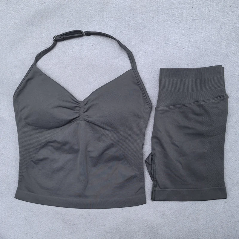 2 Pieces Yoga Set Women Backless Halter Tops High Waist Seamless Shorts Gym Suit Fitness Clothes Sportswear Workout Sets
