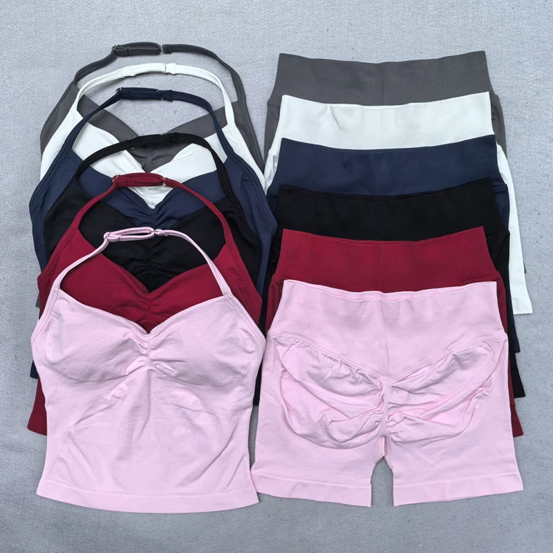 2 Pieces Yoga Set Women Backless Halter Tops High Waist Seamless Shorts Gym Suit Fitness Clothes Sportswear Workout Sets