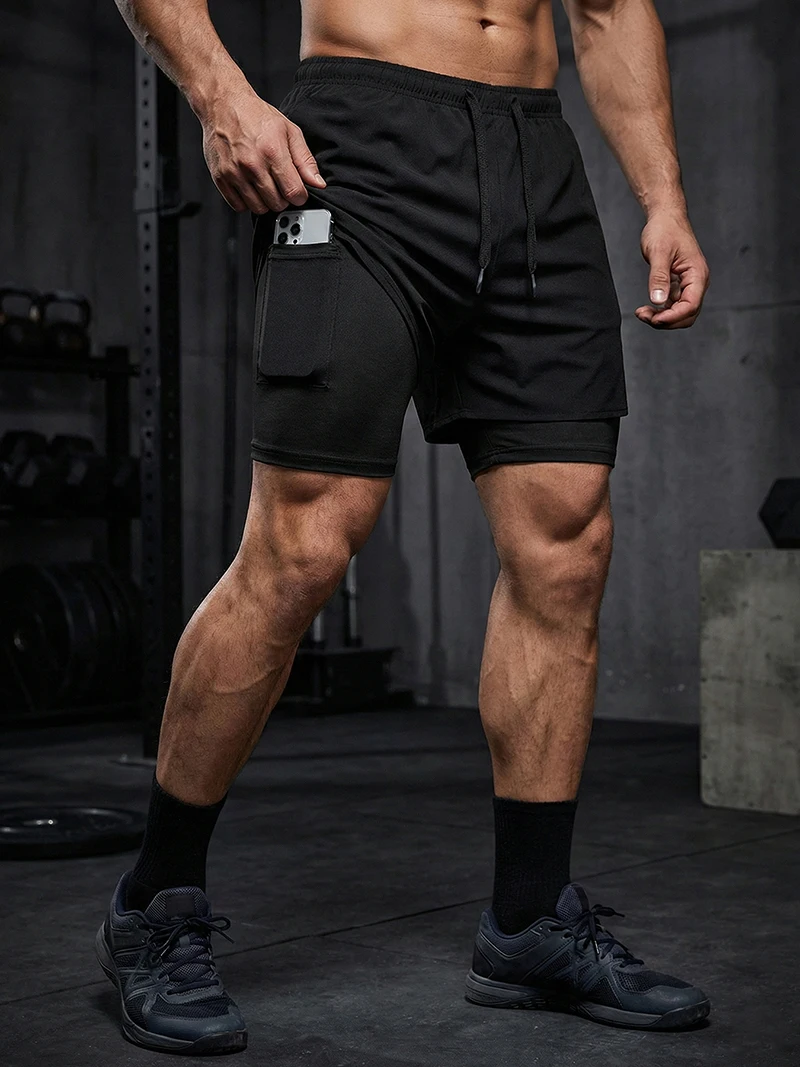 Men's 2 in 1 Running Workout Short with Phone Pocket Towel Loop Gym Athletic Quick Dry Stretchy Performance Shorts Activewear