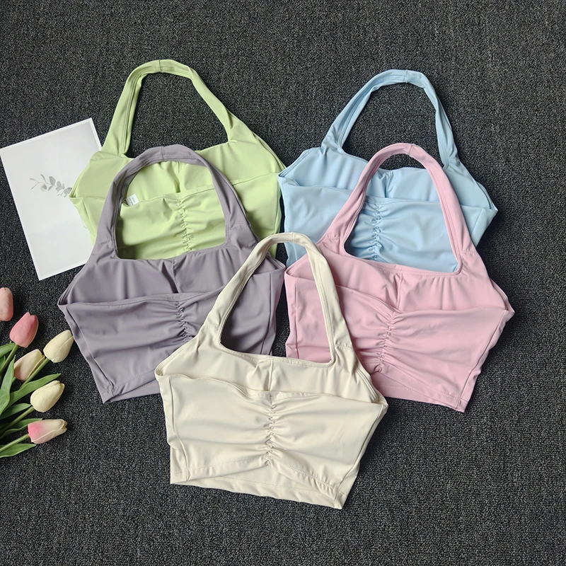 Halter Neck Sports Vest Chest Pads Shockproof Gathering Quick-Drying Fitness Yoga Top Beautiful Back Design Women's Underwe
