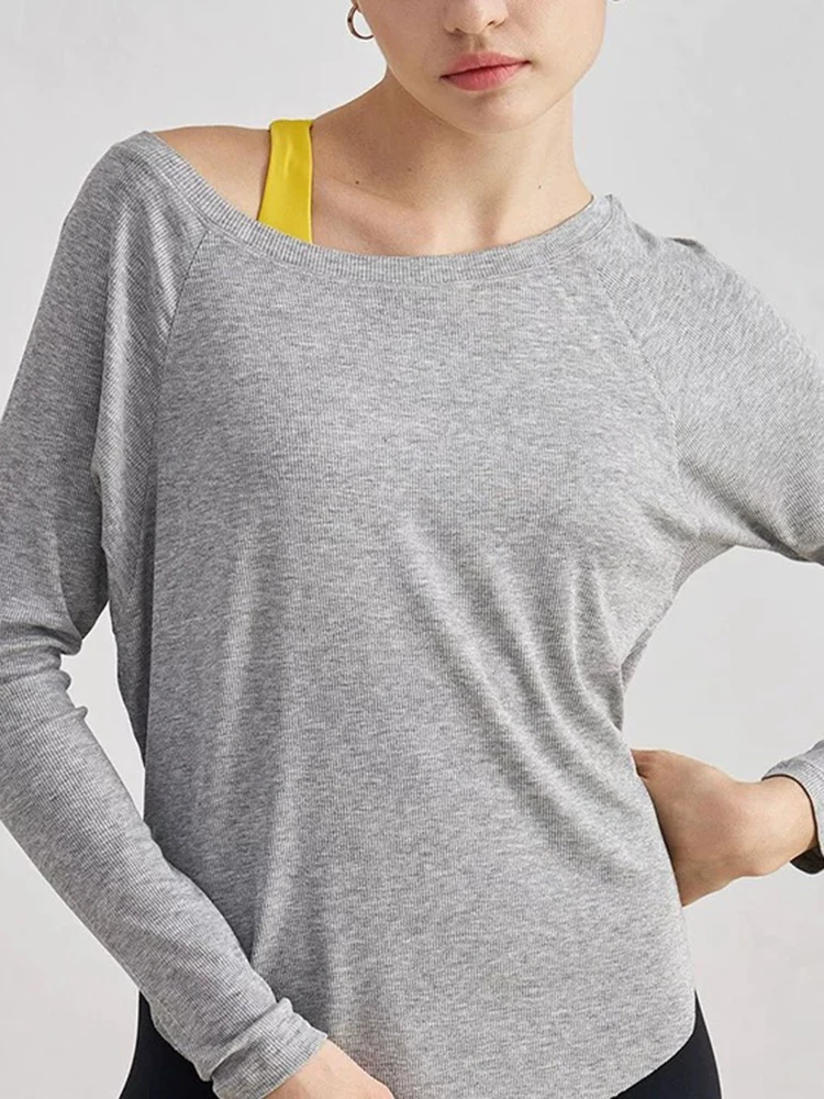 Modal ribbed yoga long sleeved sports top for women, loose fit slimming yoga clothes T-shirt for autumn
