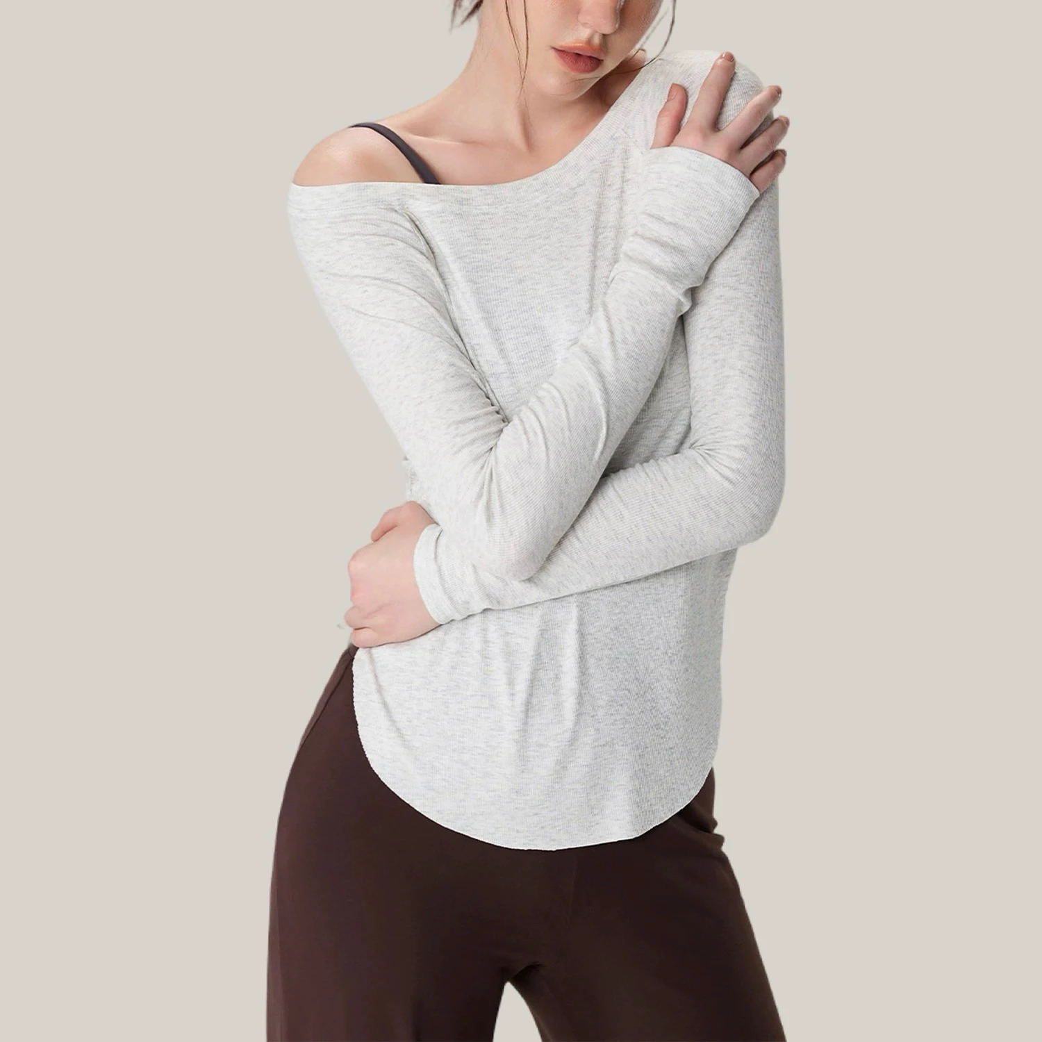 Modal ribbed yoga long sleeved sports top for women, loose fit slimming yoga clothes T-shirt for autumn