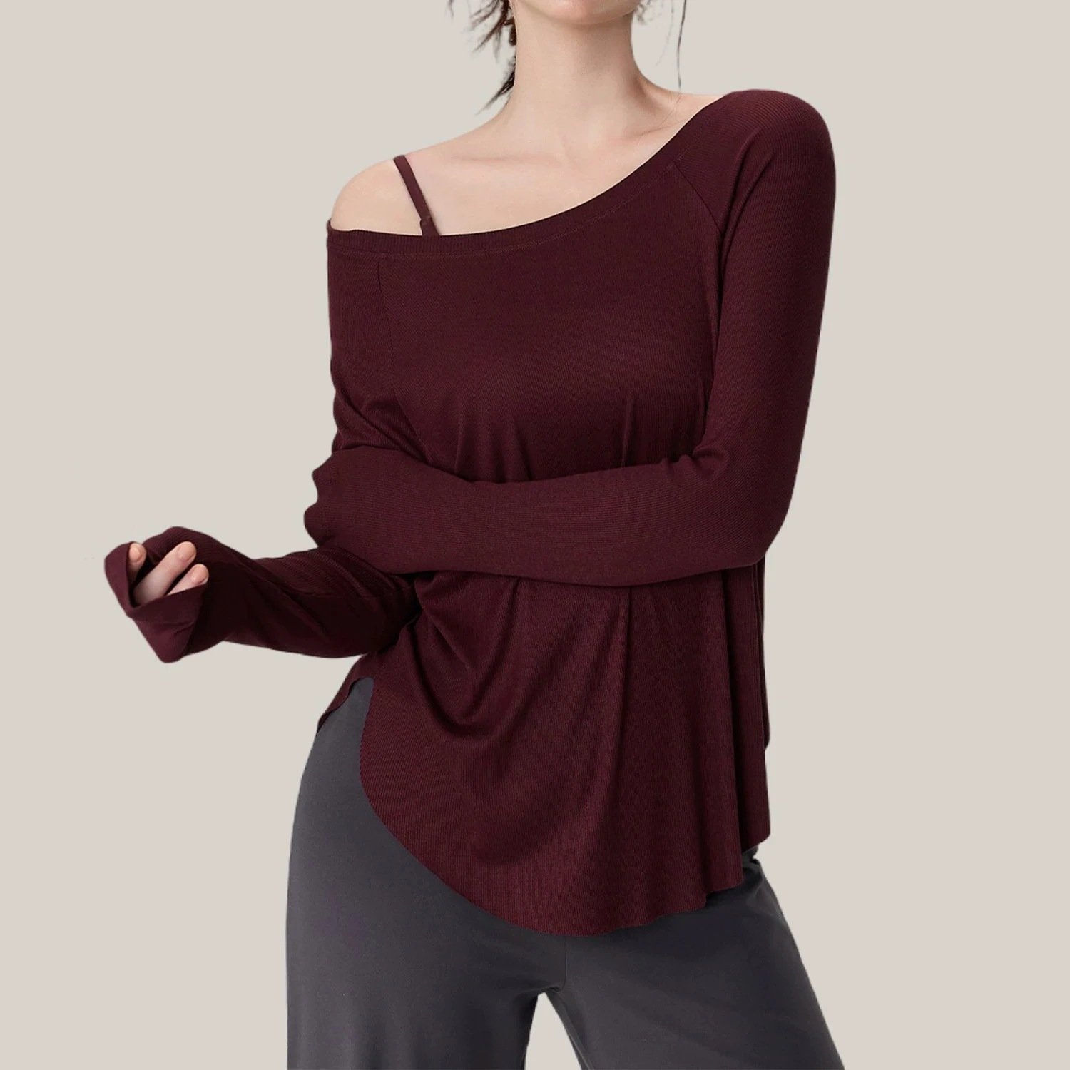 Modal ribbed yoga long sleeved sports top for women, loose fit slimming yoga clothes T-shirt for autumn