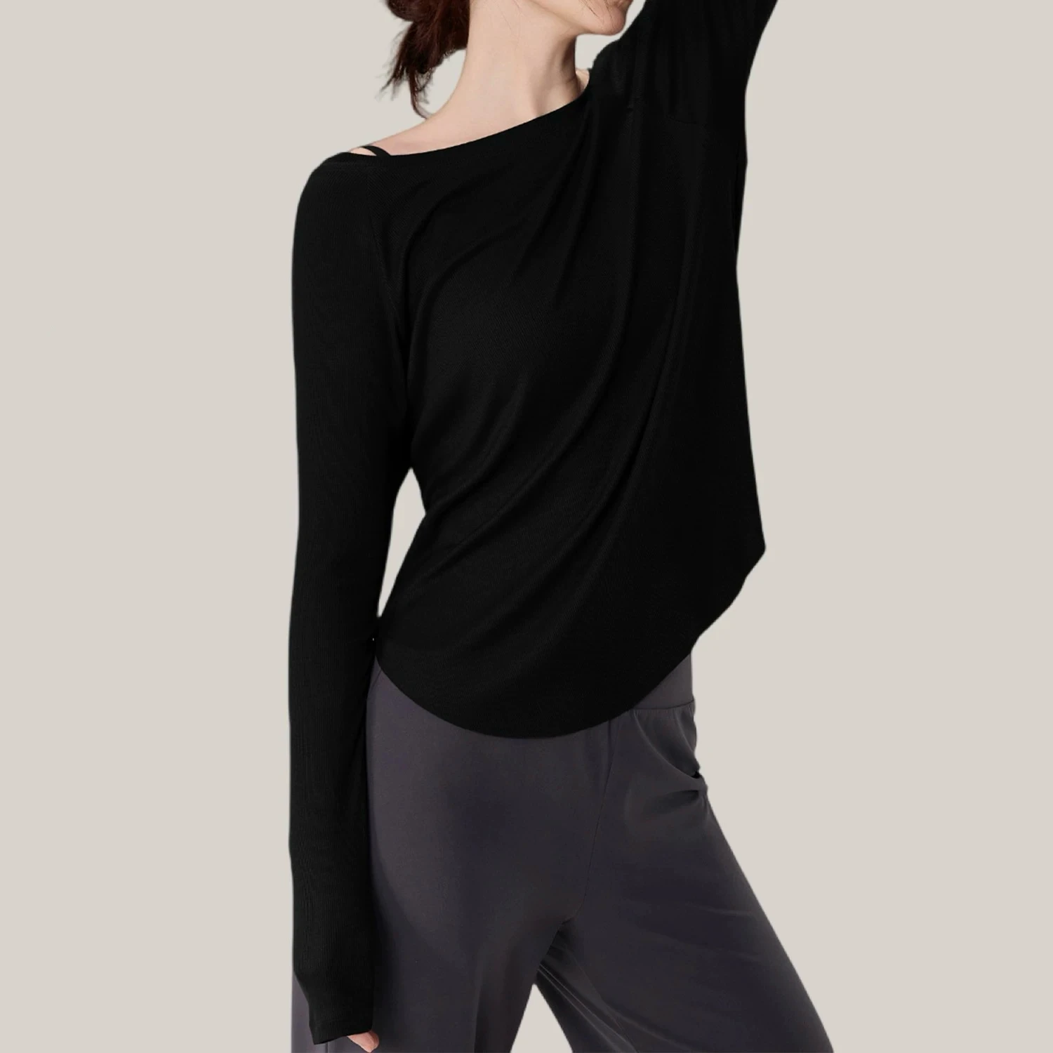 Modal ribbed yoga long sleeved sports top for women, loose fit slimming yoga clothes T-shirt for autumn
