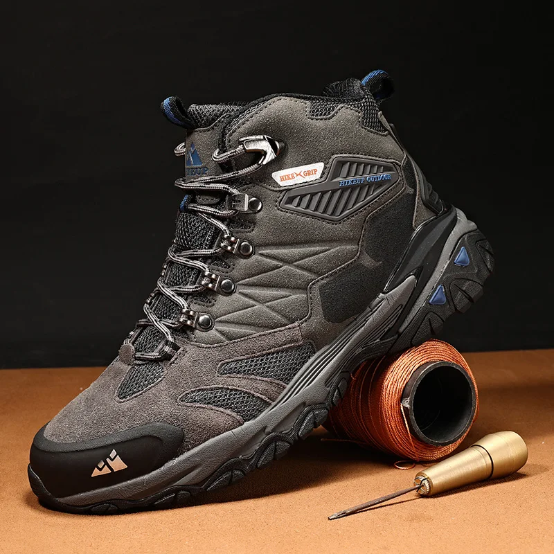 HIKEUP New Men‘s Hiking Shoes Leather Outdoor Sneakers for Men Trekking Boots Male Camping Hunting Mens Tactical Ankle Boots