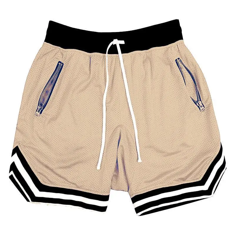 Men's Zippered Pocket Drawstring Shorts, Sportswear, Breathable, Quick Drying, Comfortable, Loose Fitting Color Matching Shorts,