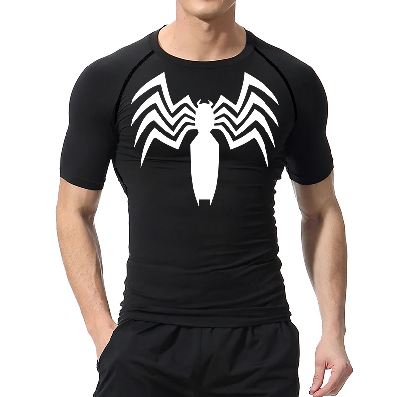 Spider Print Compression Shirts for Men Summer Short Sleeve Rash Guard Gym Workout Running Tshirt Athletic Quick Dry Tees Tops