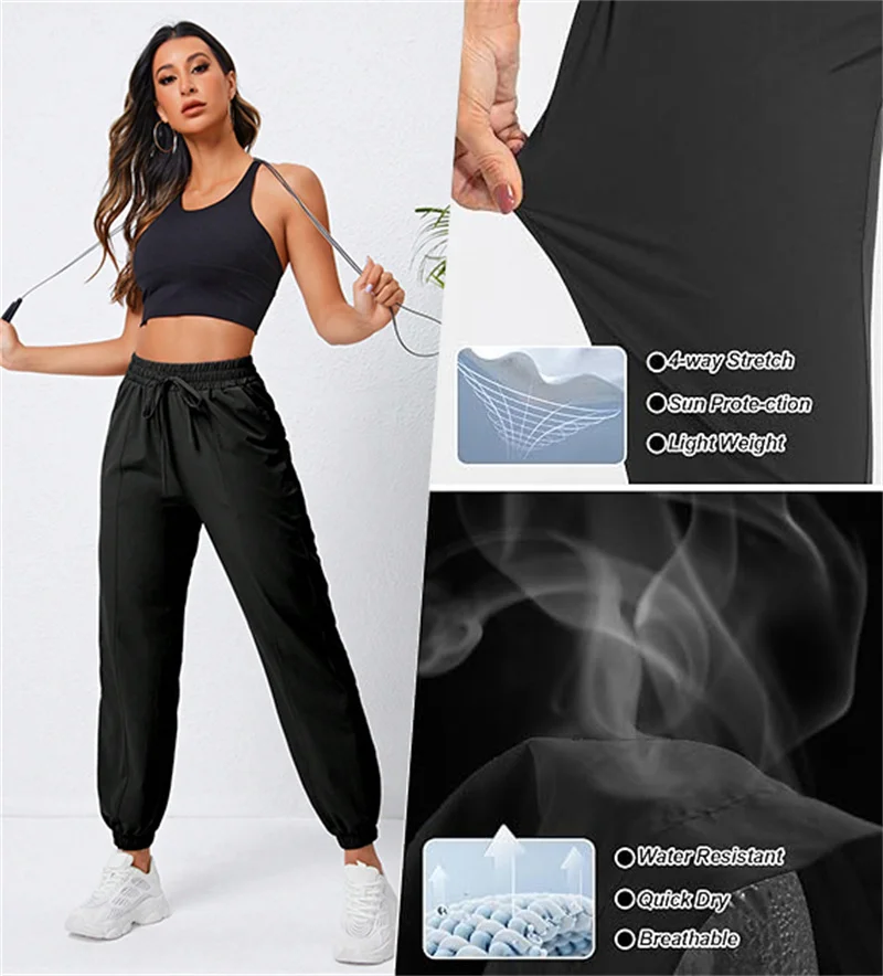 Loose running and fitness pants, women's side pockets, outdoor casual sports pants, ankle tied yoga pants