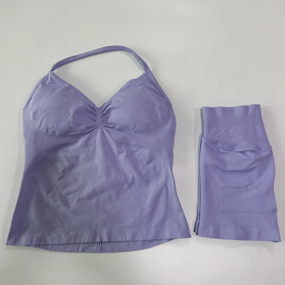 No Logo 2Pcs Gym Set Women Backless Tank Tops High Waist Scrunch Seamless Shorts Gym Suit Fitness Clothes Activewear Workout Set
