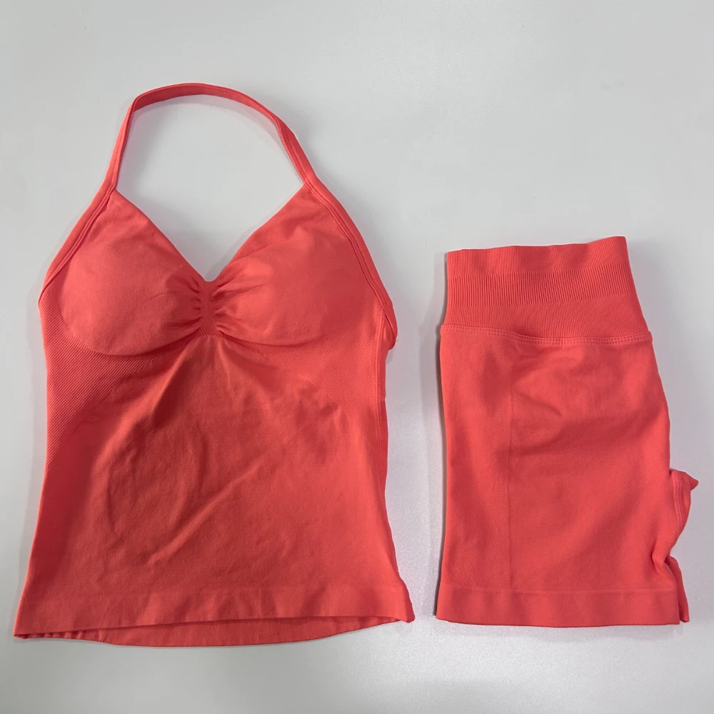 No Logo 2Pcs Gym Set Women Backless Tank Tops High Waist Scrunch Seamless Shorts Gym Suit Fitness Clothes Activewear Workout Set