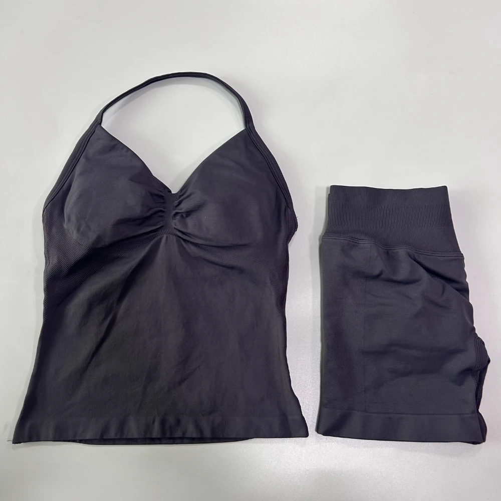 No Logo 2Pcs Gym Set Women Backless Tank Tops High Waist Scrunch Seamless Shorts Gym Suit Fitness Clothes Activewear Workout Set