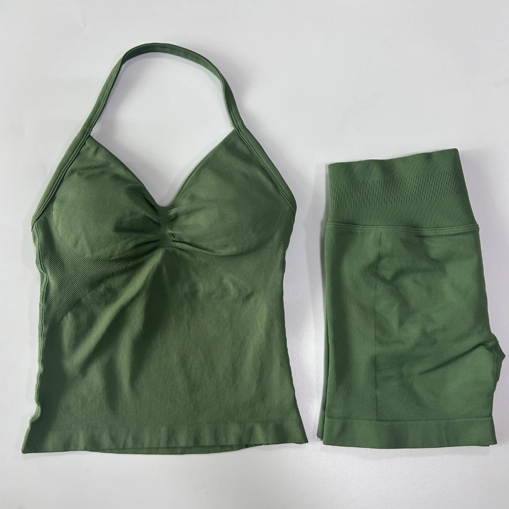 No Logo 2Pcs Gym Set Women Backless Tank Tops High Waist Scrunch Seamless Shorts Gym Suit Fitness Clothes Activewear Workout Set
