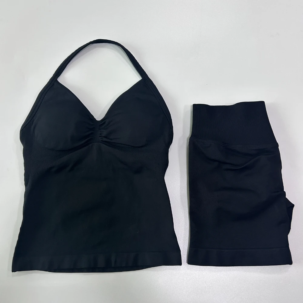 No Logo 2Pcs Gym Set Women Backless Tank Tops High Waist Scrunch Seamless Shorts Gym Suit Fitness Clothes Activewear Workout Set
