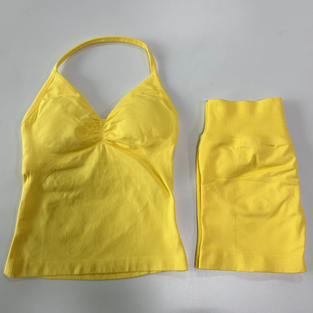 No Logo 2Pcs Gym Set Women Backless Tank Tops High Waist Scrunch Seamless Shorts Gym Suit Fitness Clothes Activewear Workout Set