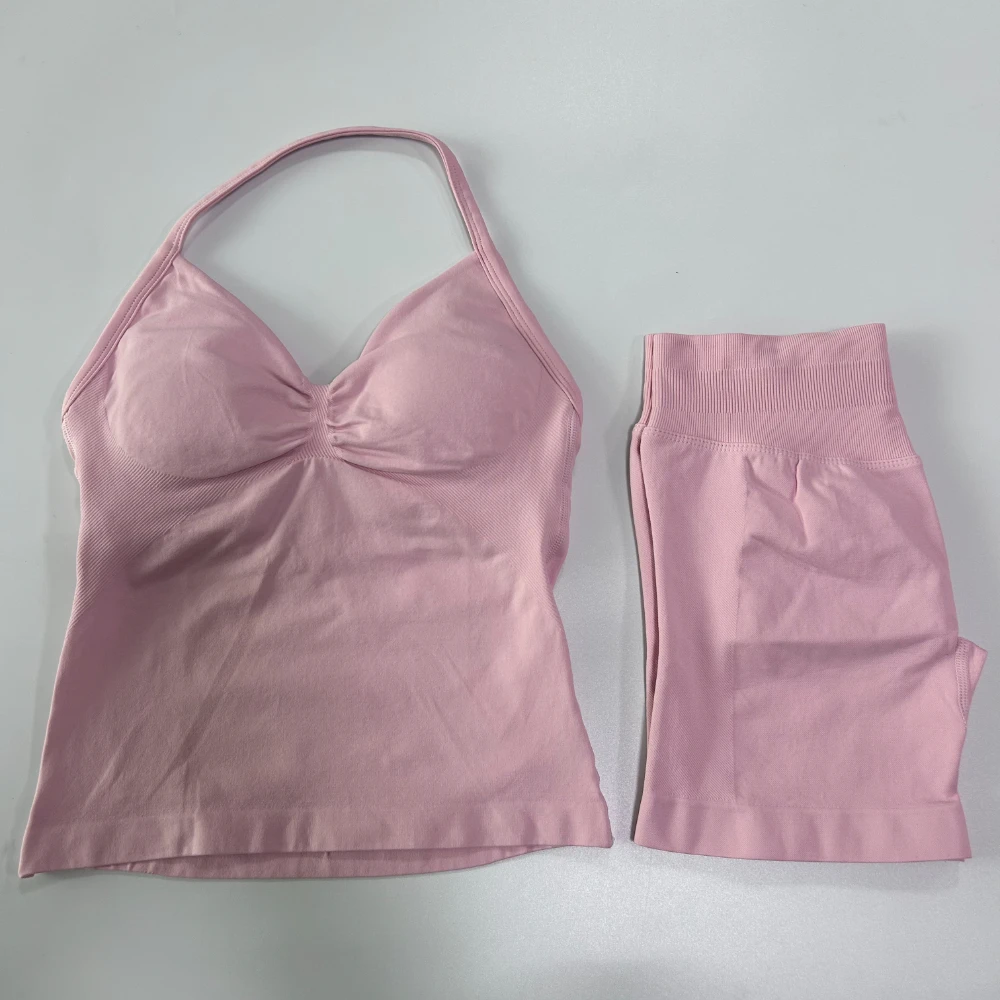 No Logo 2Pcs Gym Set Women Backless Tank Tops High Waist Scrunch Seamless Shorts Gym Suit Fitness Clothes Activewear Workout Set