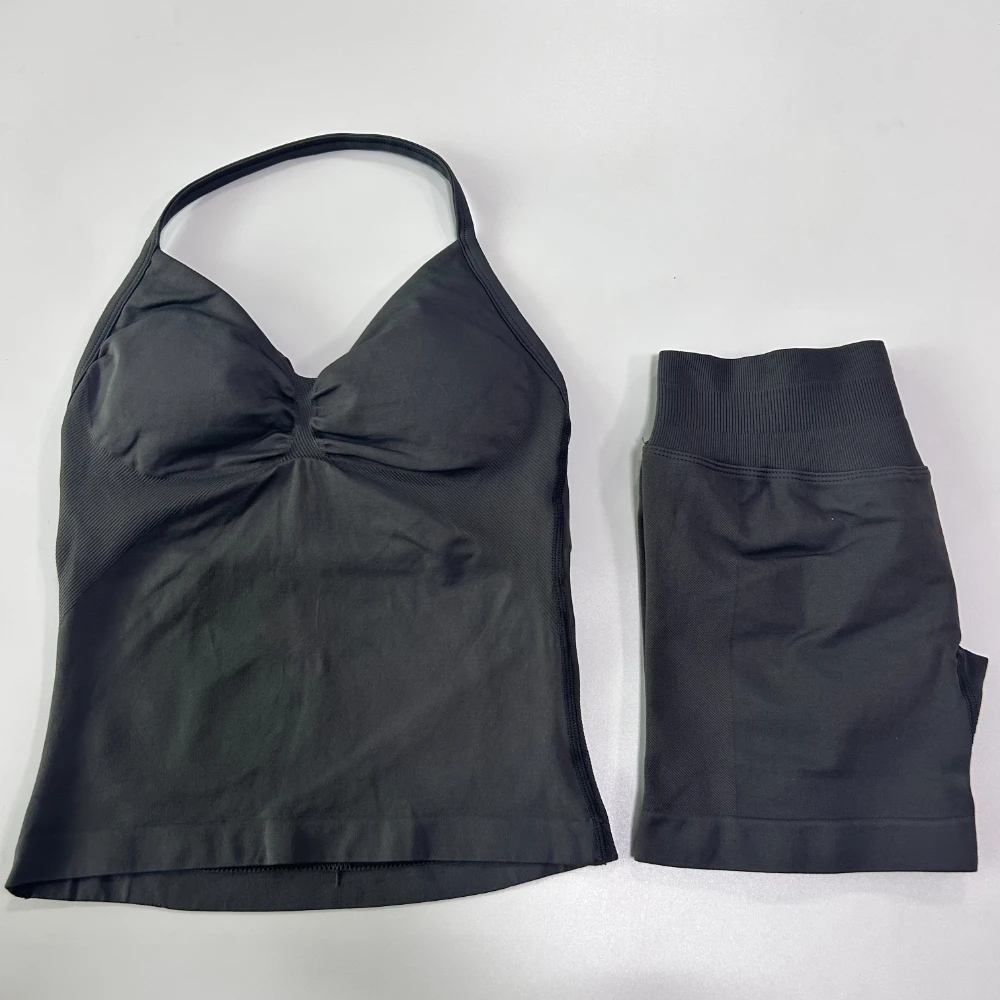 No Logo 2Pcs Gym Set Women Backless Tank Tops High Waist Scrunch Seamless Shorts Gym Suit Fitness Clothes Activewear Workout Set