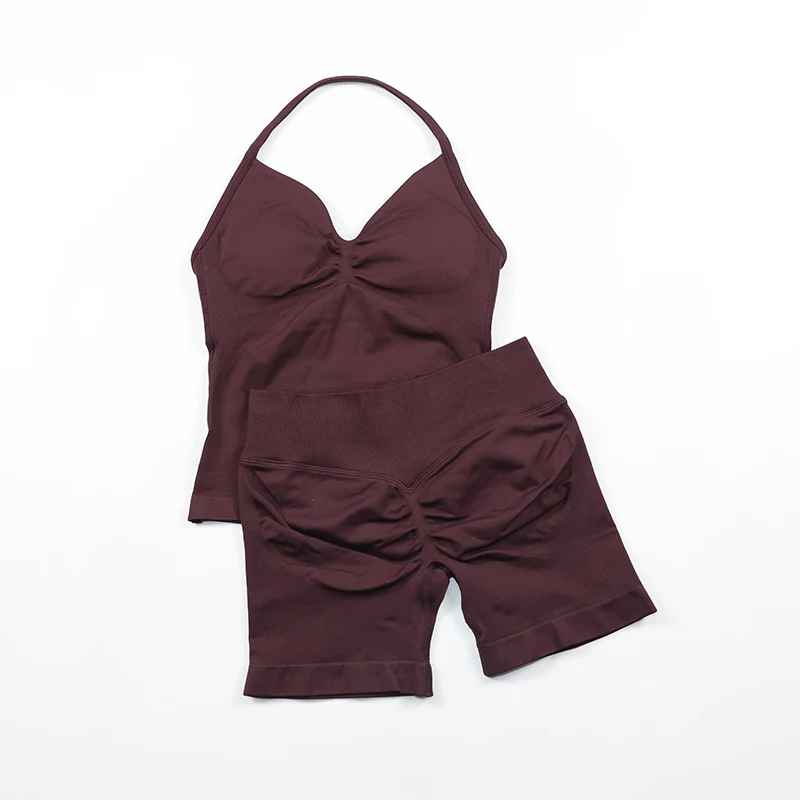 2 Piece Gym Set Woman Backless Halter Tank Top Seamless Booty Shorts Sports Suit Yoga Clothing Active Wear Women Workout Sets
