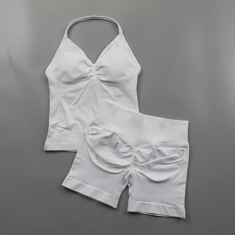 2 Piece Gym Set Woman Backless Halter Tank Top Seamless Booty Shorts Sports Suit Yoga Clothing Active Wear Women Workout Sets