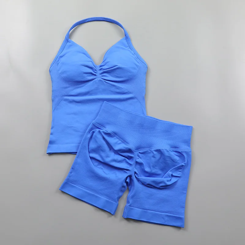 2 Piece Gym Set Woman Backless Halter Tank Top Seamless Booty Shorts Sports Suit Yoga Clothing Active Wear Women Workout Sets
