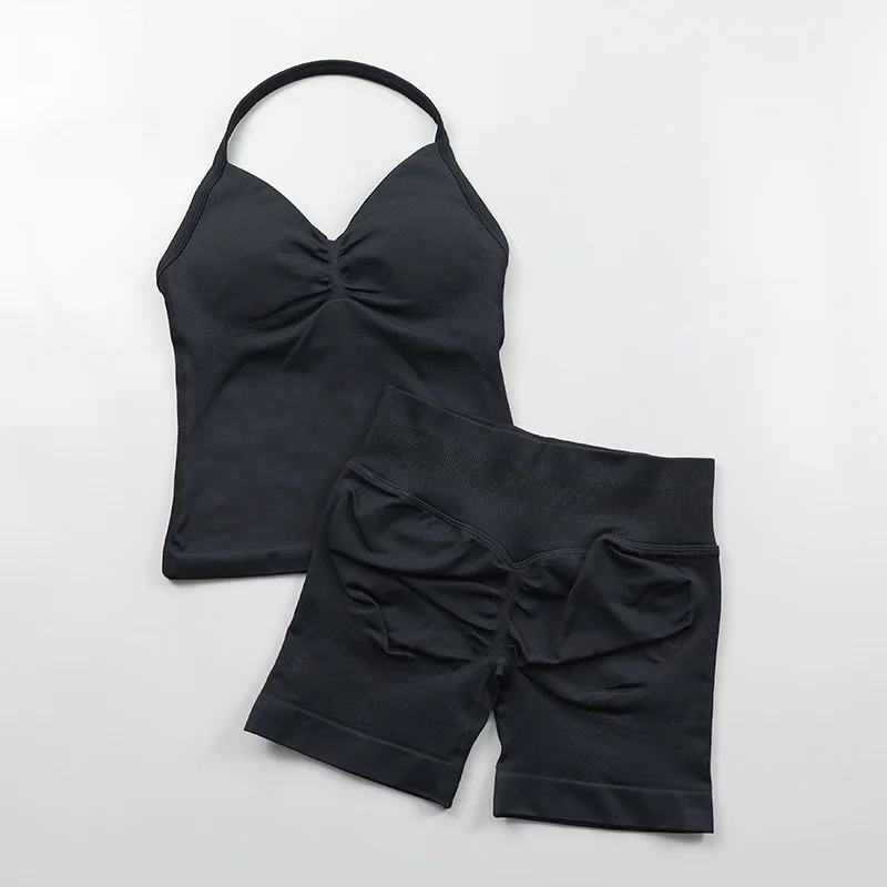 2 Piece Gym Set Woman Backless Halter Tank Top Seamless Booty Shorts Sports Suit Yoga Clothing Active Wear Women Workout Sets
