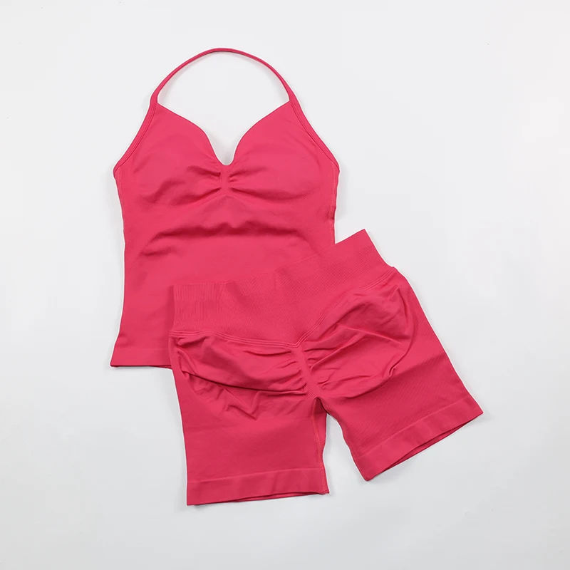 2 Piece Gym Set Woman Backless Halter Tank Top Seamless Booty Shorts Sports Suit Yoga Clothing Active Wear Women Workout Sets