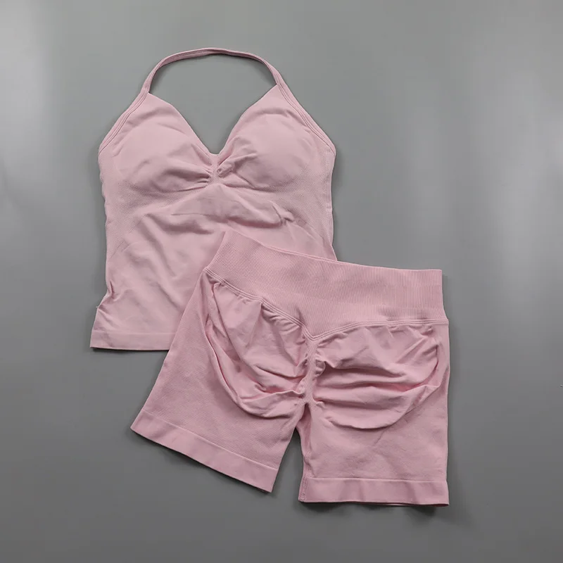 2 Piece Gym Set Woman Backless Halter Tank Top Seamless Booty Shorts Sports Suit Yoga Clothing Active Wear Women Workout Sets
