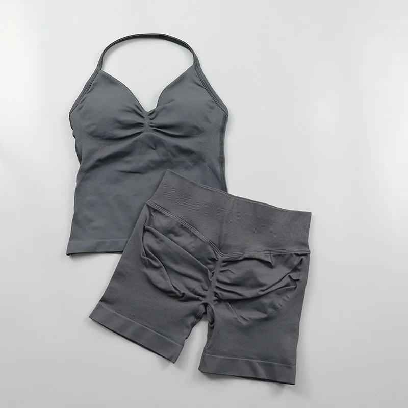2 Piece Gym Set Woman Backless Halter Tank Top Seamless Booty Shorts Sports Suit Yoga Clothing Active Wear Women Workout Sets