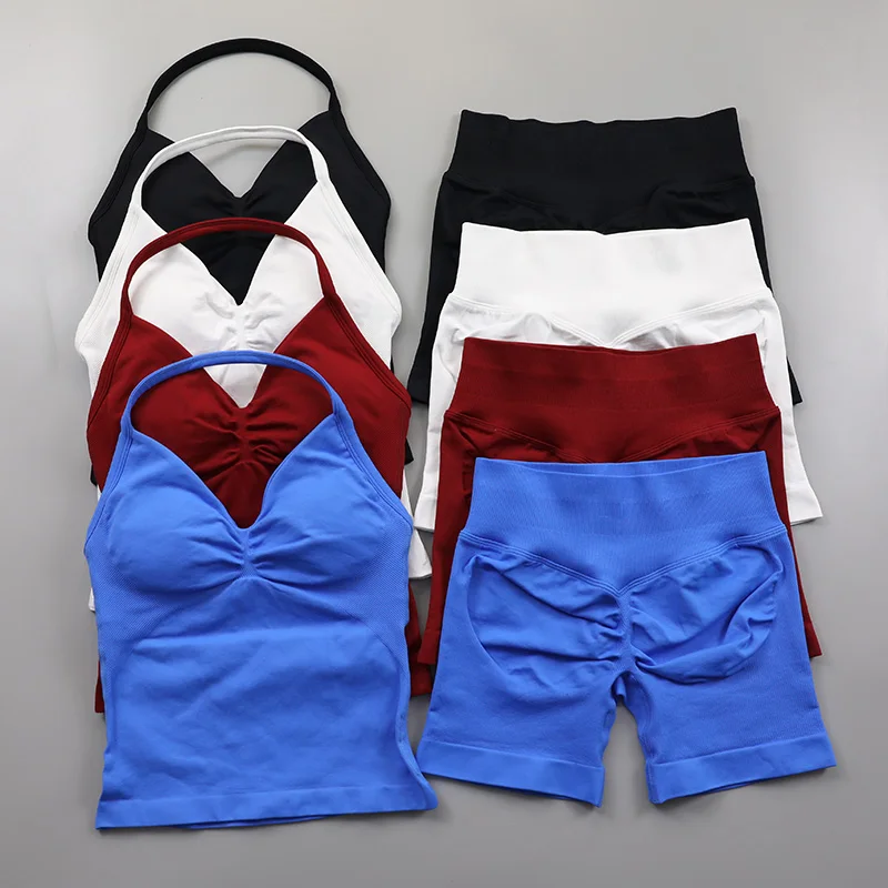 2 Piece Gym Set Woman Backless Halter Tank Top Seamless Booty Shorts Sports Suit Yoga Clothing Active Wear Women Workout Sets