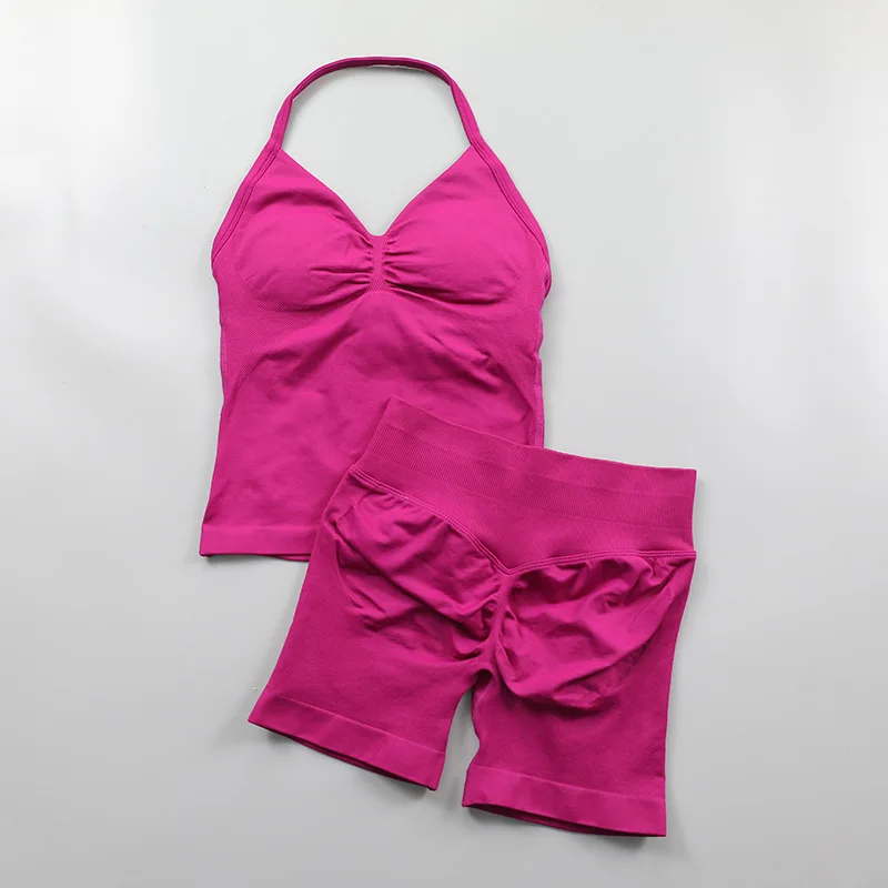 2 Piece Gym Set Woman Backless Halter Tank Top Seamless Booty Shorts Sports Suit Yoga Clothing Active Wear Women Workout Sets