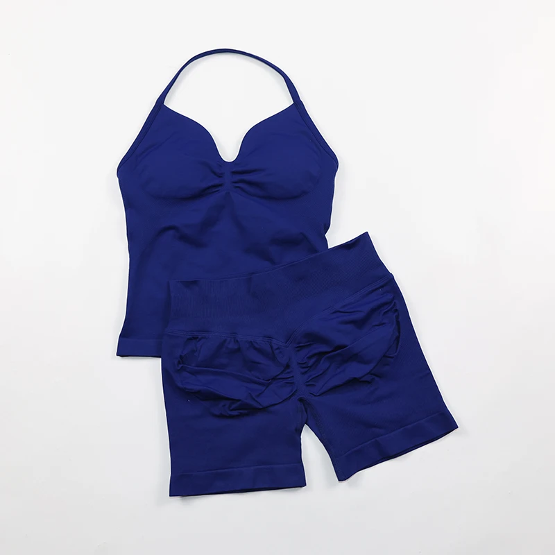 2 Piece Gym Set Woman Backless Halter Tank Top Seamless Booty Shorts Sports Suit Yoga Clothing Active Wear Women Workout Sets