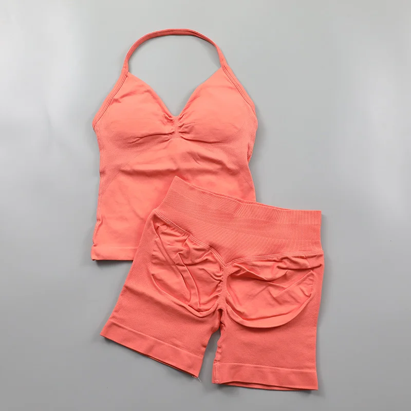 2 Piece Gym Set Woman Backless Halter Tank Top Seamless Booty Shorts Sports Suit Yoga Clothing Active Wear Women Workout Sets
