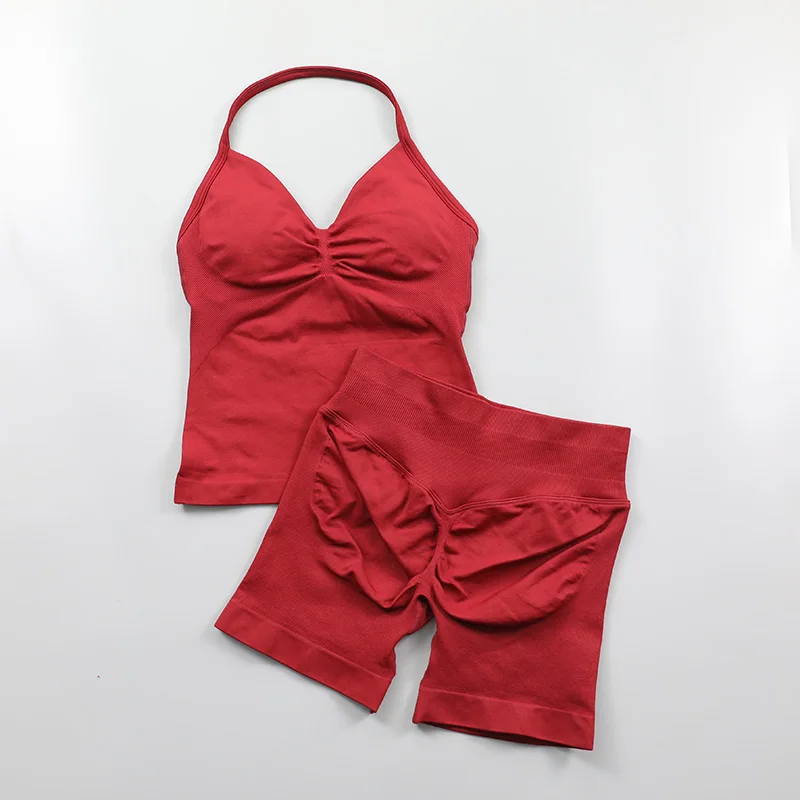 2 Piece Gym Set Woman Backless Halter Tank Top Seamless Booty Shorts Sports Suit Yoga Clothing Active Wear Women Workout Sets