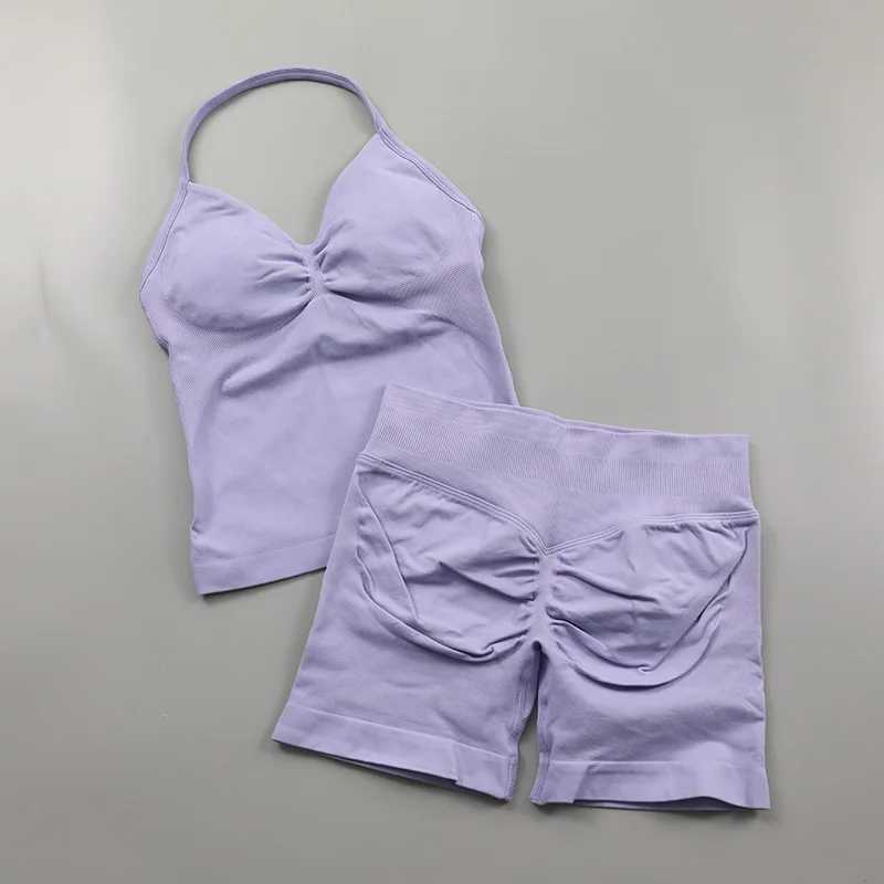 2 Piece Gym Set Woman Backless Halter Tank Top Seamless Booty Shorts Sports Suit Yoga Clothing Active Wear Women Workout Sets