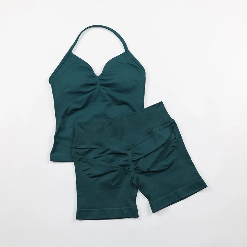 2 Piece Gym Set Woman Backless Halter Tank Top Seamless Booty Shorts Sports Suit Yoga Clothing Active Wear Women Workout Sets