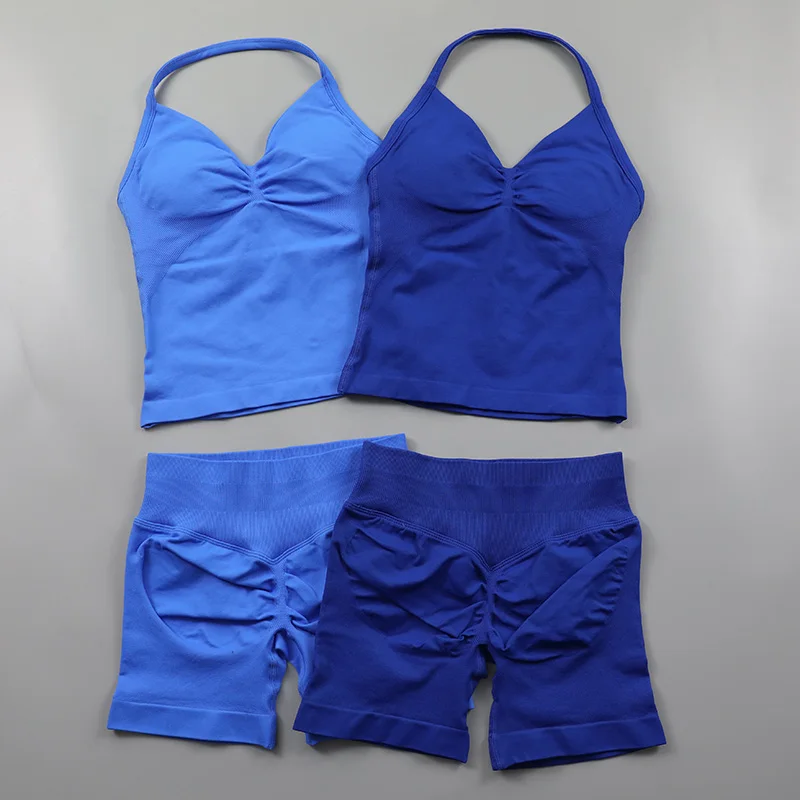 2 Piece Gym Set Woman Backless Halter Tank Top Seamless Booty Shorts Sports Suit Yoga Clothing Active Wear Women Workout Sets
