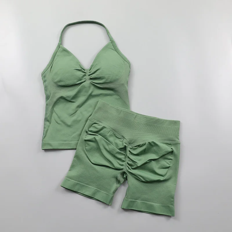 2 Piece Gym Set Woman Backless Halter Tank Top Seamless Booty Shorts Sports Suit Yoga Clothing Active Wear Women Workout Sets