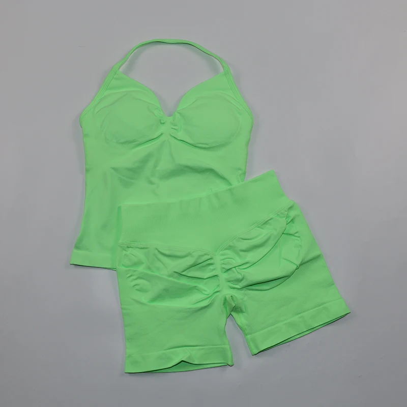 2 Piece Gym Set Woman Backless Halter Tank Top Seamless Booty Shorts Sports Suit Yoga Clothing Active Wear Women Workout Sets