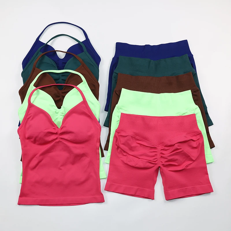 2 Piece Gym Set Woman Backless Halter Tank Top Seamless Booty Shorts Sports Suit Yoga Clothing Active Wear Women Workout Sets