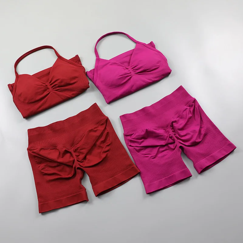 2 Piece Gym Set Woman Backless Halter Tank Top Seamless Booty Shorts Sports Suit Yoga Clothing Active Wear Women Workout Sets