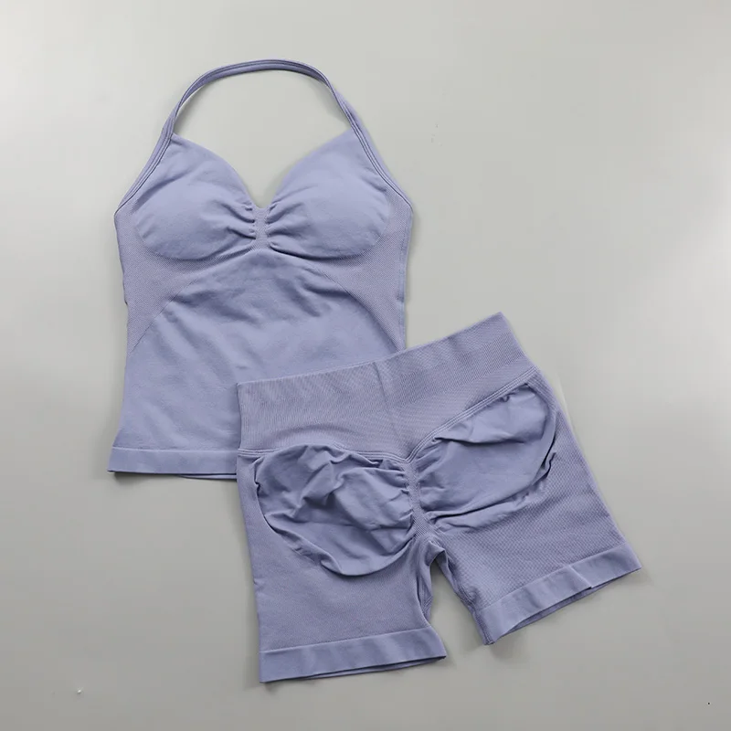 2 Piece Gym Set Woman Backless Halter Tank Top Seamless Booty Shorts Sports Suit Yoga Clothing Active Wear Women Workout Sets