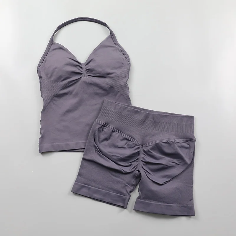 2 Piece Gym Set Woman Backless Halter Tank Top Seamless Booty Shorts Sports Suit Yoga Clothing Active Wear Women Workout Sets