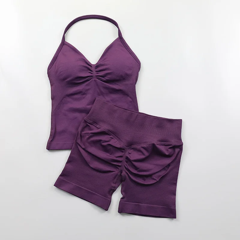 2 Piece Gym Set Woman Backless Halter Tank Top Seamless Booty Shorts Sports Suit Yoga Clothing Active Wear Women Workout Sets